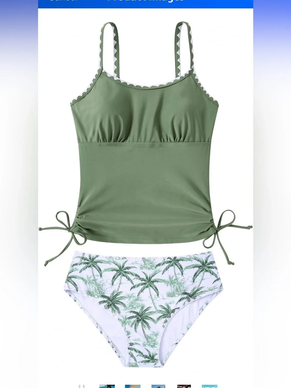 Funnycokid Olive Green Tankini Top with Palm-Print High-Waist Bikini Bottoms new